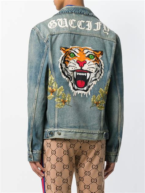 gucci blue jacket tiger|Gucci denim animal applique jacket.